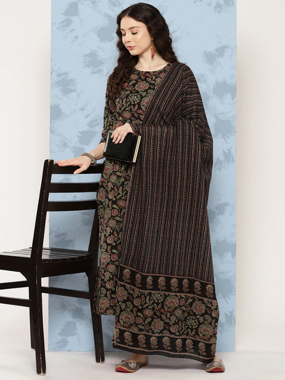 Women Black Floral Printed Straight Kurta With Trouser And Dupatta | LASVINI - Redefining Indian Fashion with Elegance