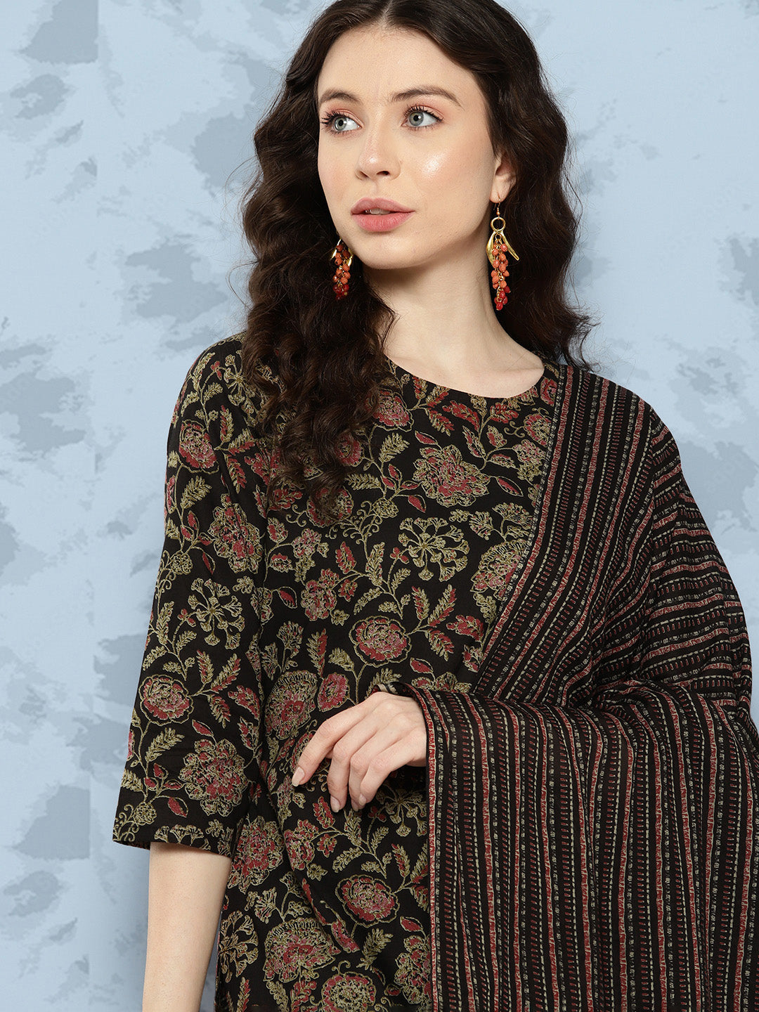 Women Black Floral Printed Straight Kurta With Trouser And Dupatta | LASVINI - Redefining Indian Fashion with Elegance
