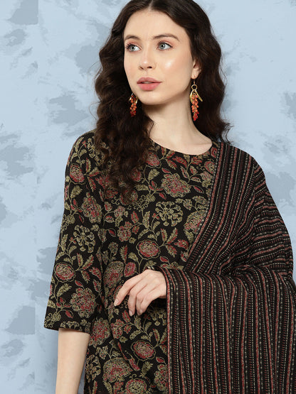 Women Black Floral Printed Straight Kurta With Trouser And Dupatta | LASVINI - Redefining Indian Fashion with Elegance