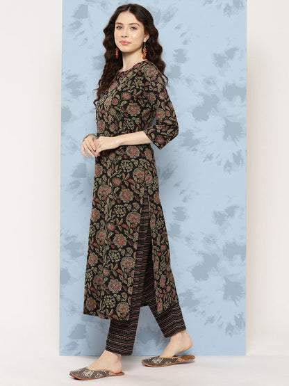 Women Black Floral Printed Straight Kurta With Trouser And Dupatta | LASVINI - Redefining Indian Fashion with Elegance