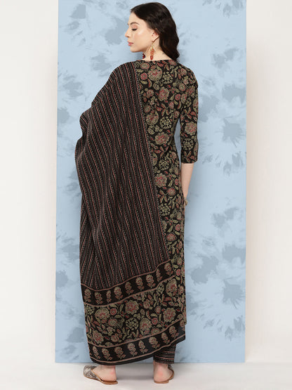 Women Black Floral Printed Straight Kurta With Trouser And Dupatta | LASVINI - Redefining Indian Fashion with Elegance