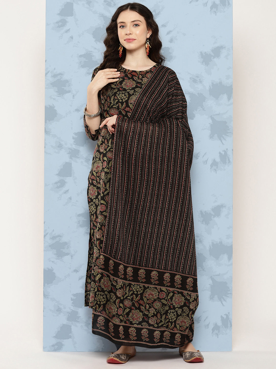 Women Black Floral Printed Straight Kurta With Trouser And Dupatta | LASVINI - Redefining Indian Fashion with Elegance