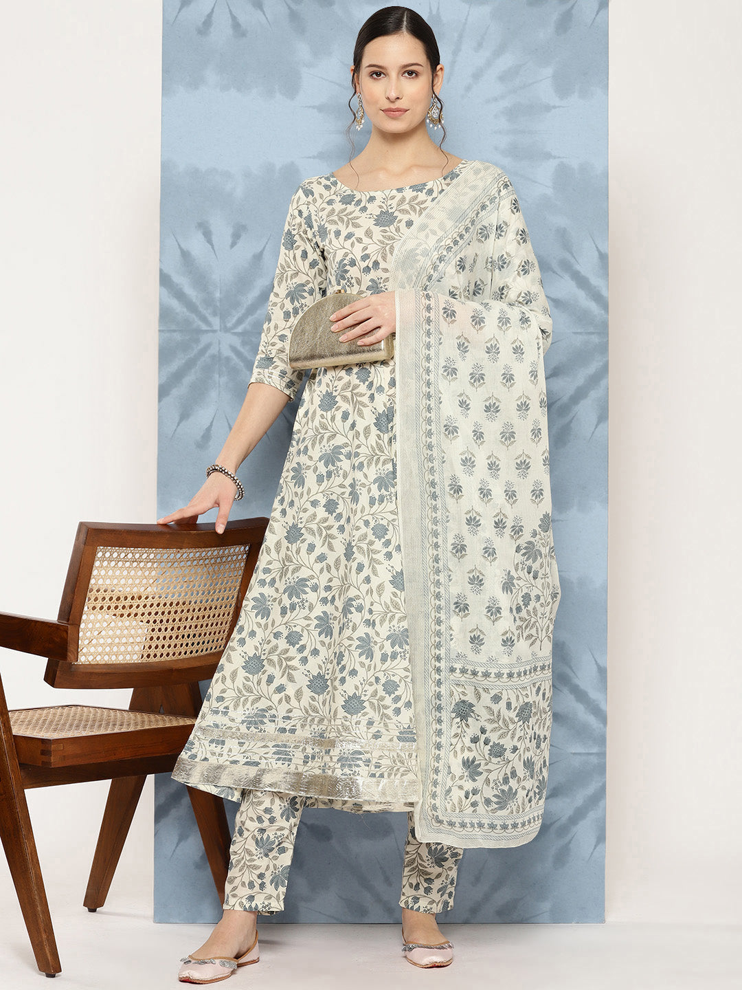 Women Off-White Floral Printed Flared Kurta With Trouser And Dupatta | LASVINI - Redefining Indian Fashion with Elegance