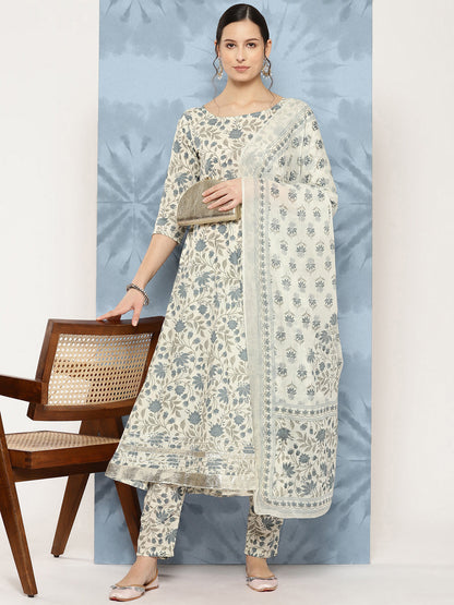 Women Off-White Floral Printed Flared Kurta With Trouser And Dupatta | LASVINI - Redefining Indian Fashion with Elegance