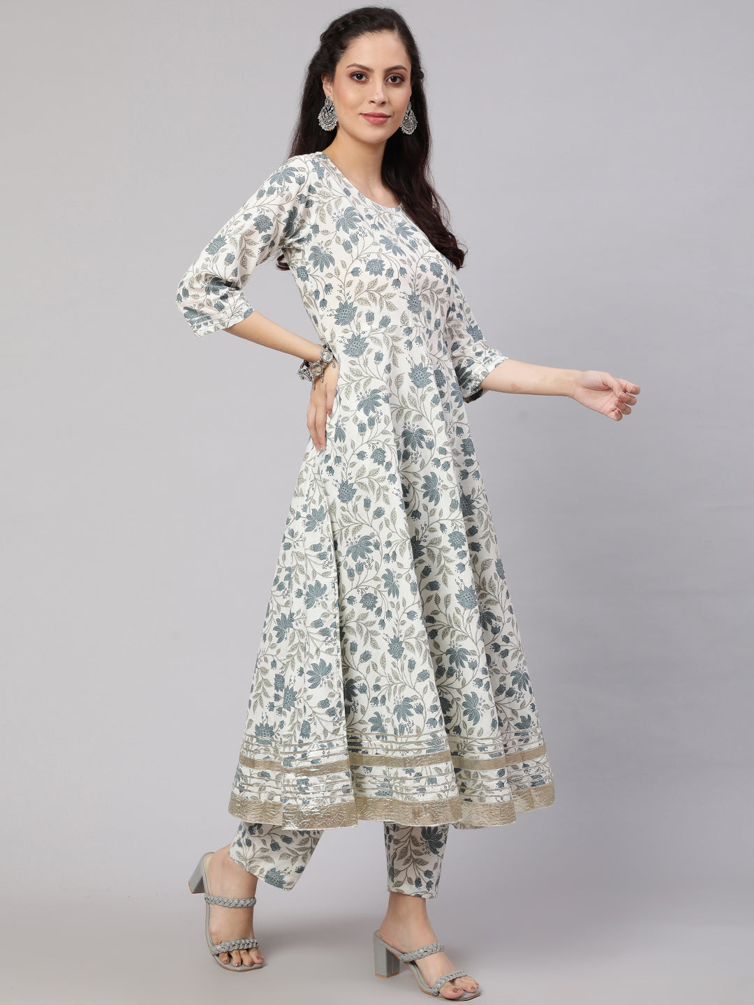 Women Off-White Floral Printed Flared Kurta With Trouser And Dupatta | LASVINI - Redefining Indian Fashion with Elegance