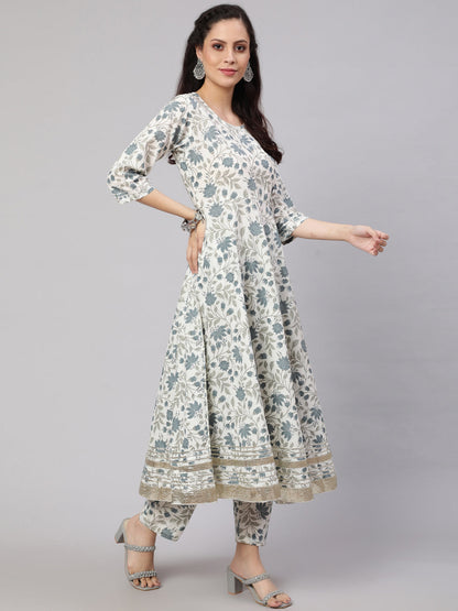 Women Off-White Floral Printed Flared Kurta With Trouser And Dupatta | LASVINI - Redefining Indian Fashion with Elegance