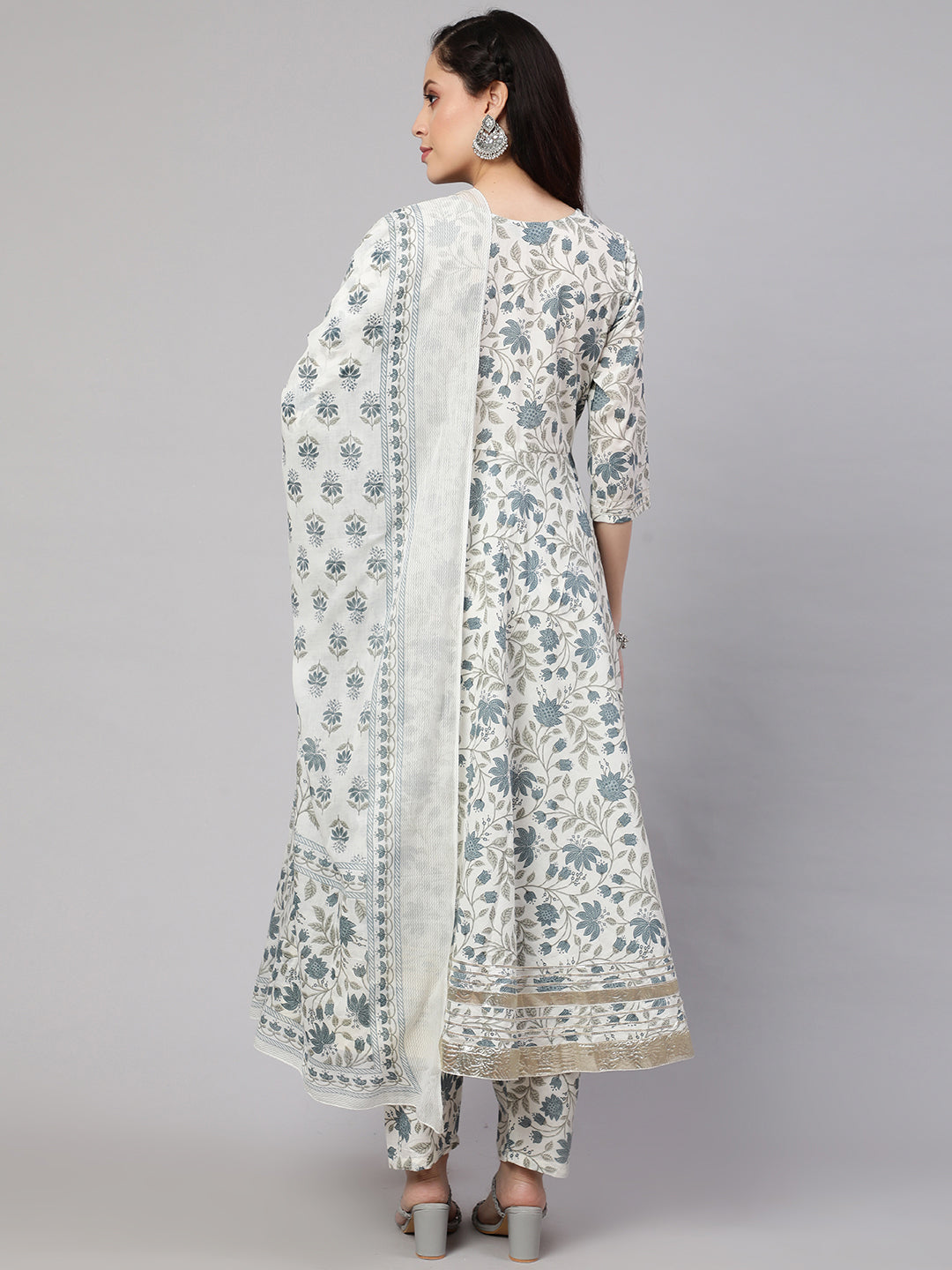 Women Off-White Floral Printed Flared Kurta With Trouser And Dupatta | LASVINI - Redefining Indian Fashion with Elegance