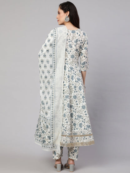 Women Off-White Floral Printed Flared Kurta With Trouser And Dupatta | LASVINI - Redefining Indian Fashion with Elegance