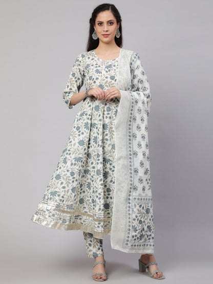 Women Off-White Floral Printed Flared Kurta With Trouser And Dupatta | LASVINI - Redefining Indian Fashion with Elegance