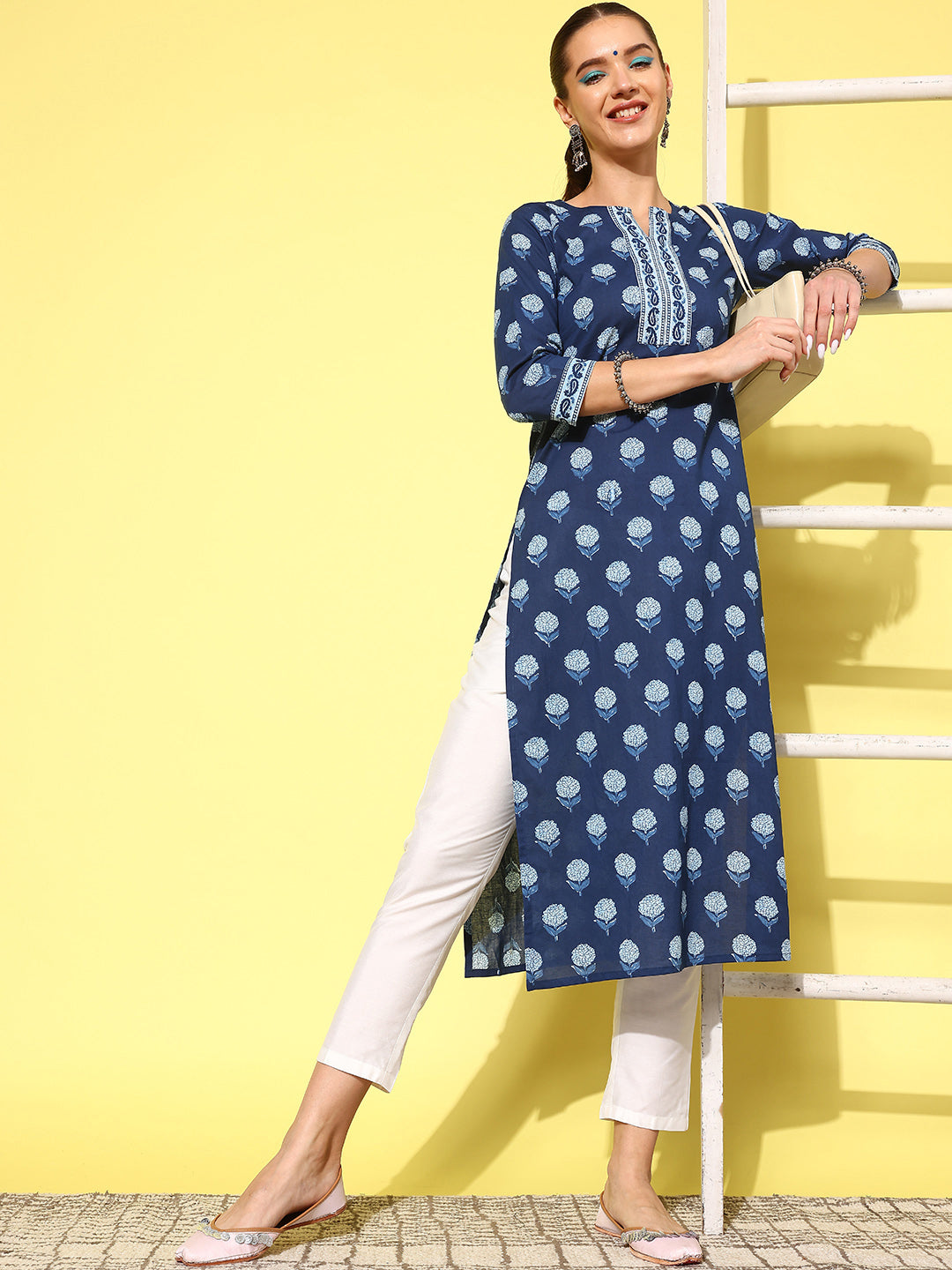 Women Blue Ethnic Printed Straight Kurta With Three Quarter Sleeves | LASVINI - Redefining Indian Fashion with Elegance