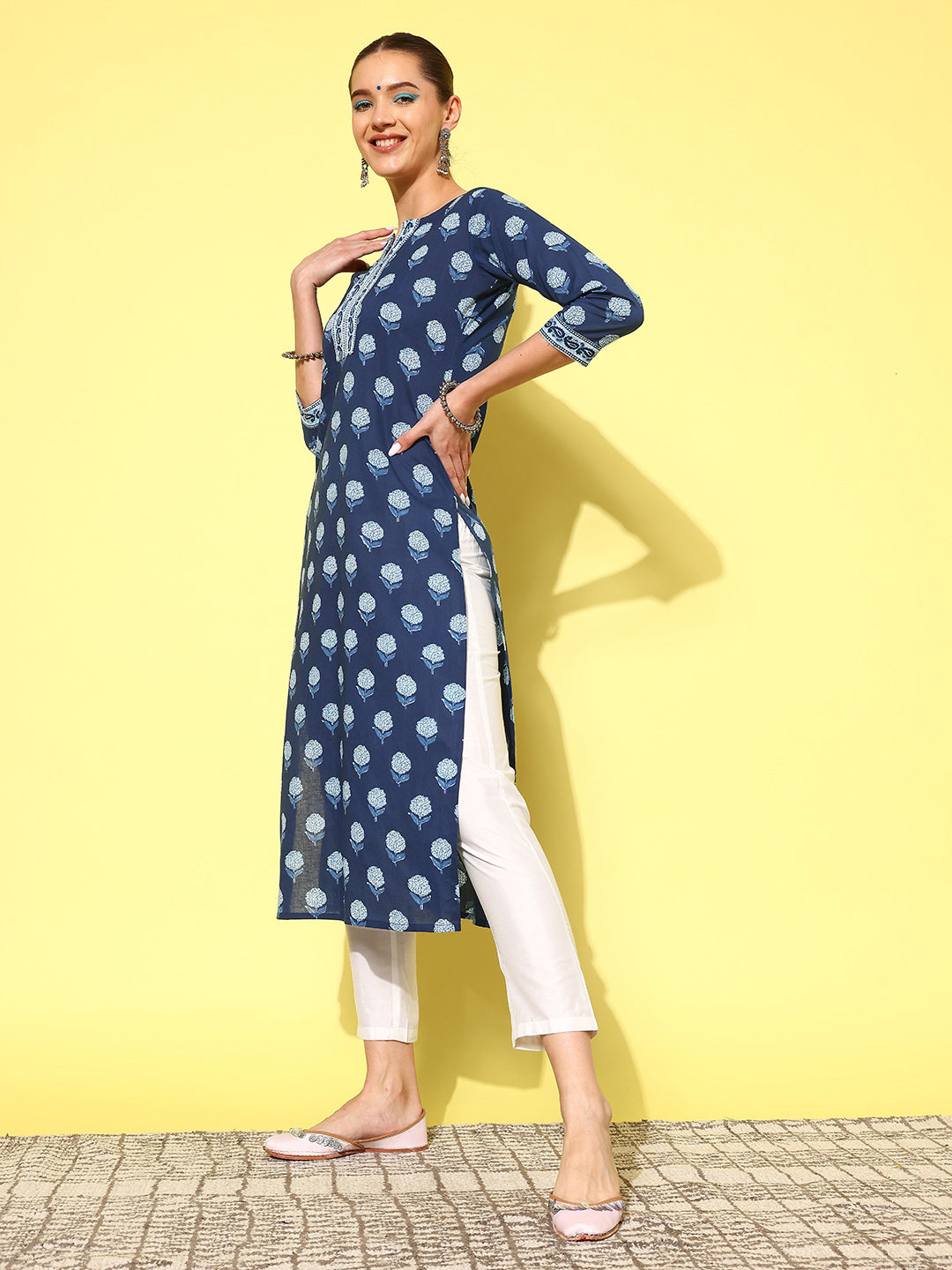 Women Blue Ethnic Printed Straight Kurta With Three Quarter Sleeves | LASVINI - Redefining Indian Fashion with Elegance