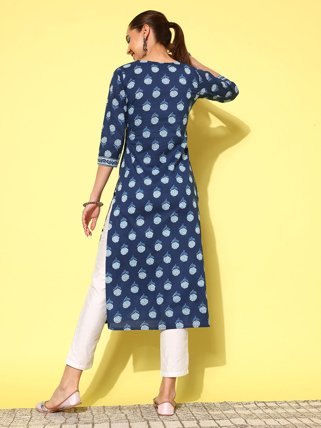 Women Blue Ethnic Printed Straight Kurta With Three Quarter Sleeves | LASVINI - Redefining Indian Fashion with Elegance