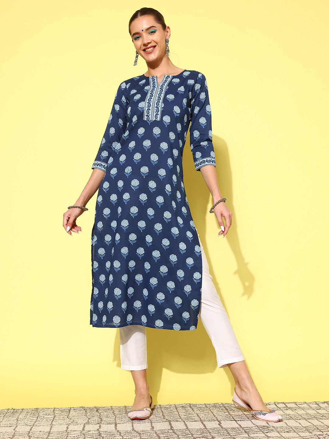 Women Blue Ethnic Printed Straight Kurta With Three Quarter Sleeves | LASVINI - Redefining Indian Fashion with Elegance