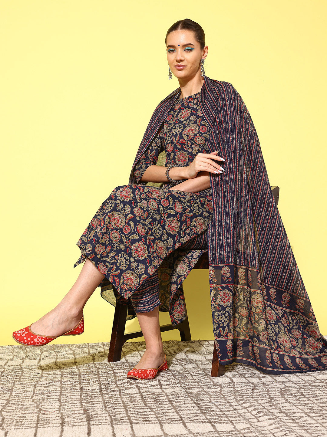 Women Blue Ethnic Printed Straight Kurta With Palazzo And Dupatta | LASVINI - Redefining Indian Fashion with Elegance