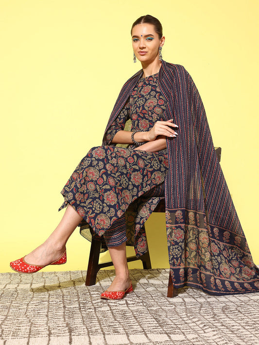Women Blue Ethnic Printed Straight Kurta With Palazzo And Dupatta | LASVINI - Redefining Indian Fashion with Elegance
