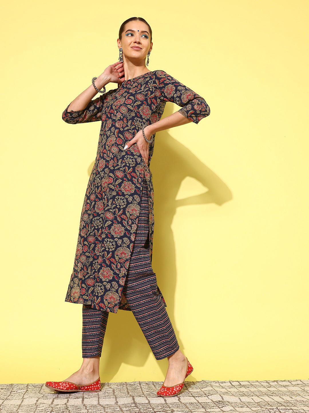 Women Blue Ethnic Printed Straight Kurta With Palazzo And Dupatta | LASVINI - Redefining Indian Fashion with Elegance