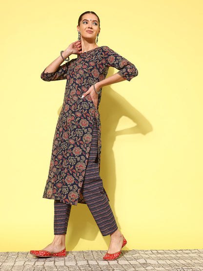 Women Blue Ethnic Printed Straight Kurta With Palazzo And Dupatta | LASVINI - Redefining Indian Fashion with Elegance