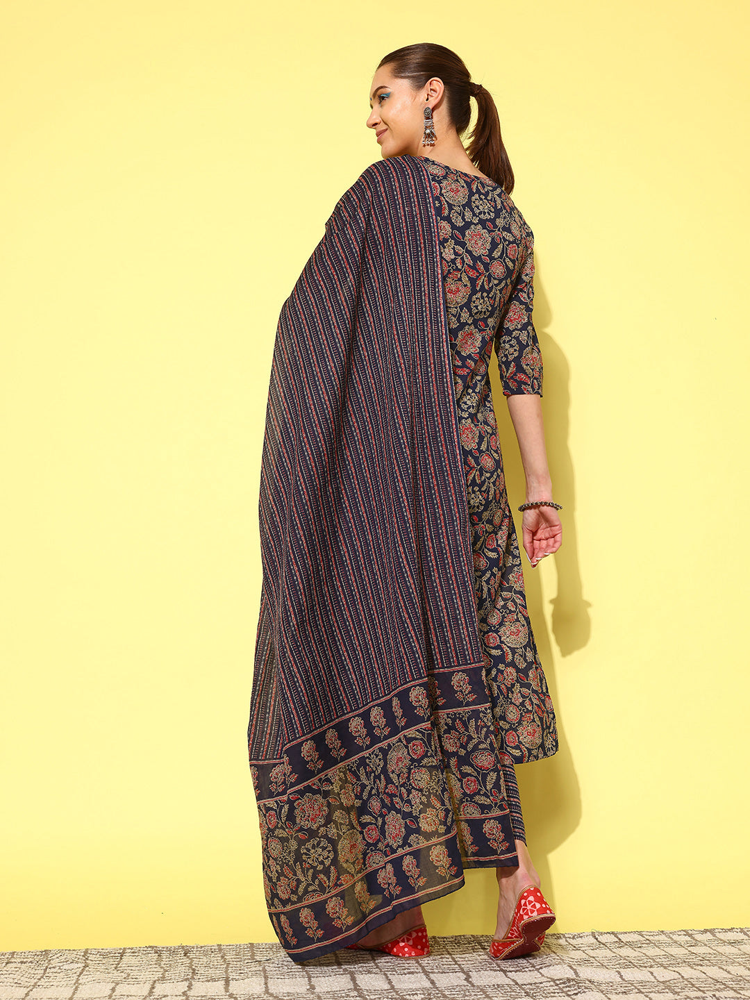 Women Blue Ethnic Printed Straight Kurta With Palazzo And Dupatta | LASVINI - Redefining Indian Fashion with Elegance