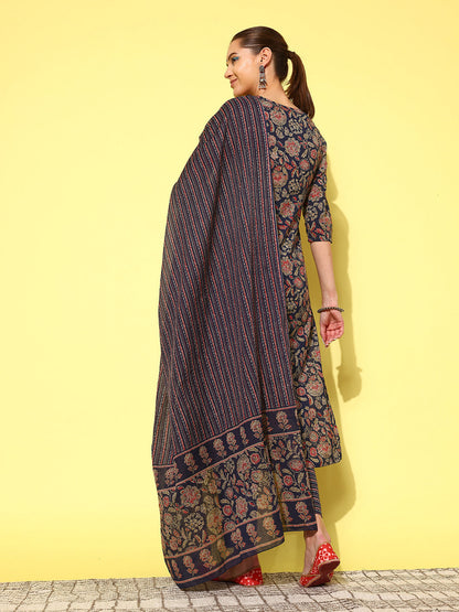 Women Blue Ethnic Printed Straight Kurta With Palazzo And Dupatta | LASVINI - Redefining Indian Fashion with Elegance