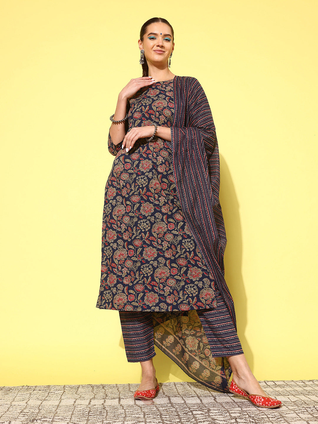 Women Blue Ethnic Printed Straight Kurta With Palazzo And Dupatta | LASVINI - Redefining Indian Fashion with Elegance