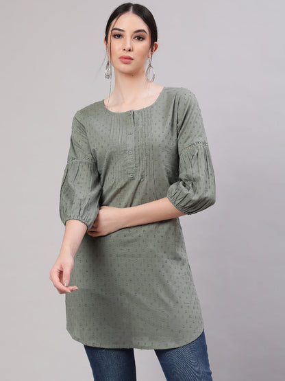 Women Green Straight Tunic With Three Quarter Sleeves | LASVINI - Redefining Indian Fashion with Elegance