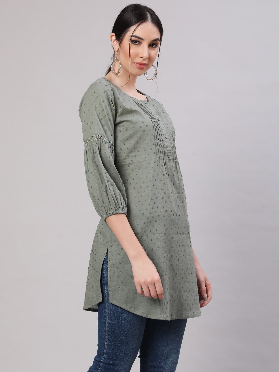 Women Green Straight Tunic With Three Quarter Sleeves | LASVINI - Redefining Indian Fashion with Elegance