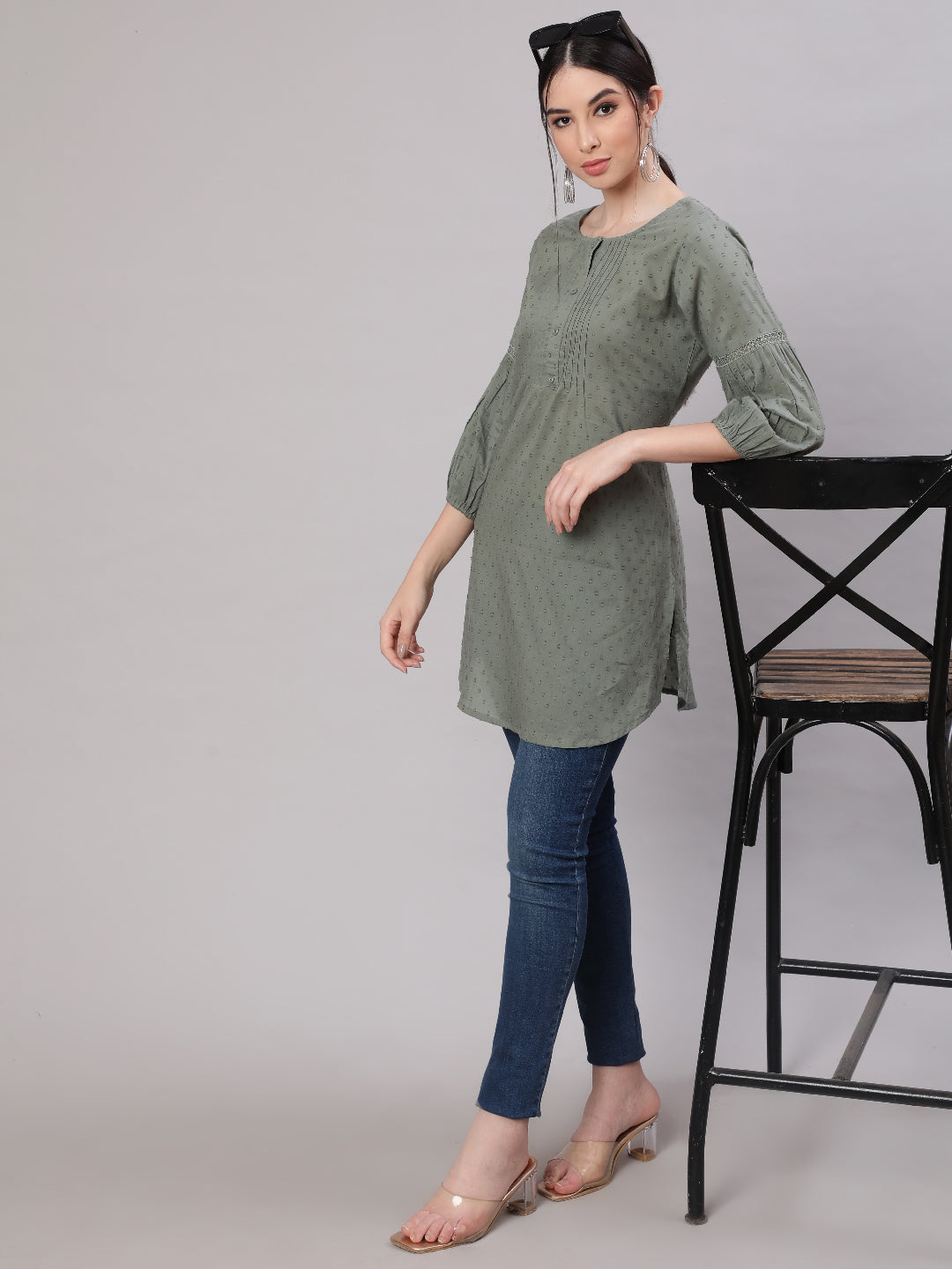 Women Green Straight Tunic With Three Quarter Sleeves | LASVINI - Redefining Indian Fashion with Elegance