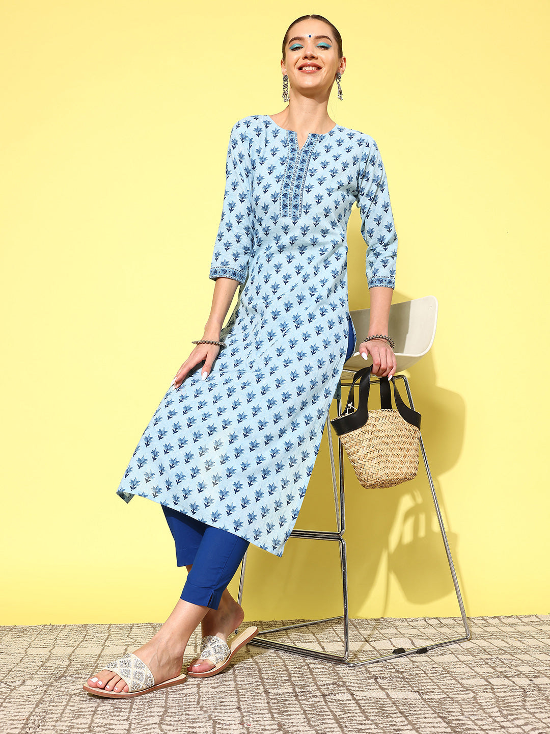 Women Blue Ethnic Printed Straight Kurta With Three Quarter Sleeves | LASVINI - Redefining Indian Fashion with Elegance