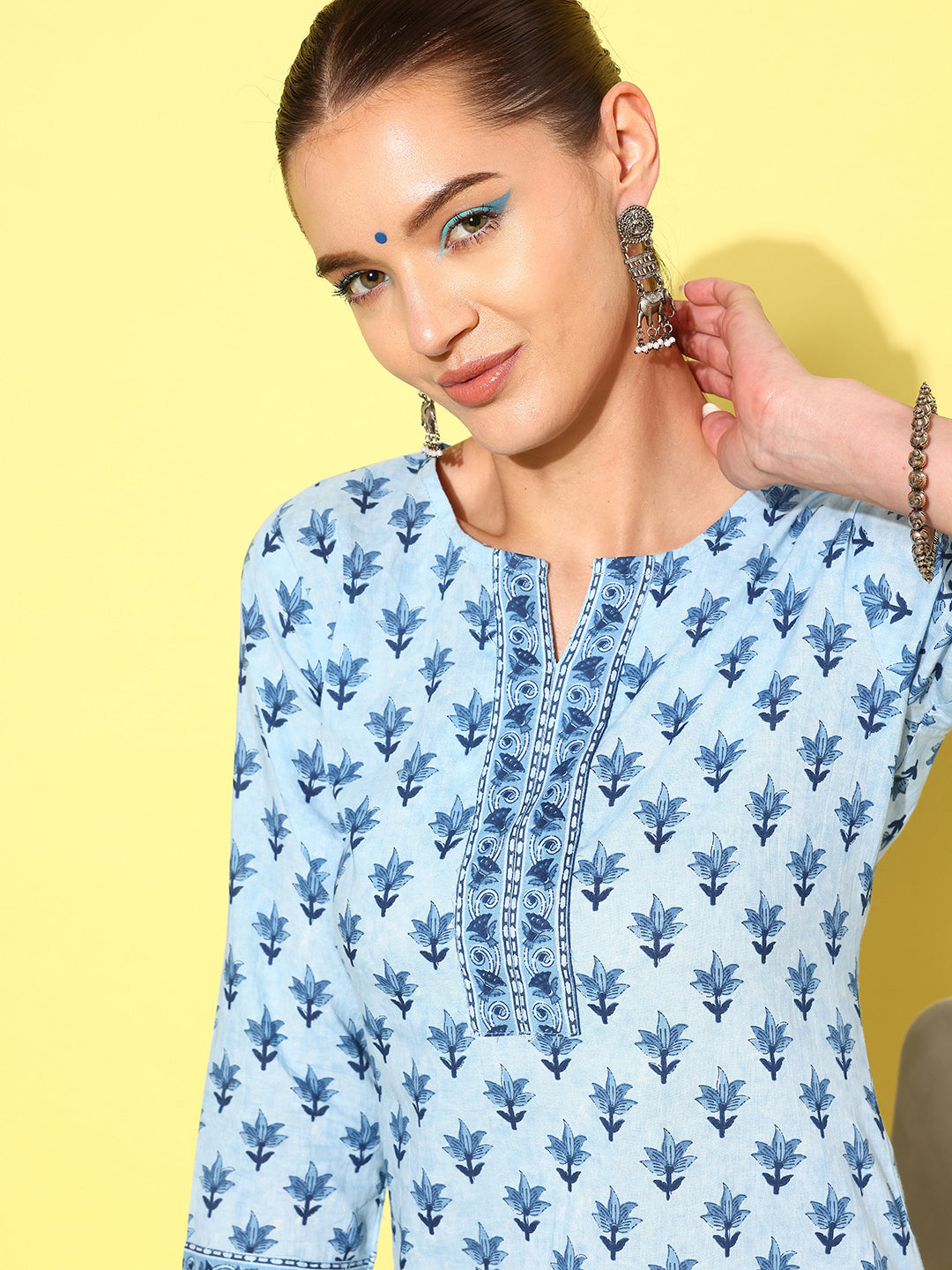 Women Blue Ethnic Printed Straight Kurta With Three Quarter Sleeves | LASVINI - Redefining Indian Fashion with Elegance