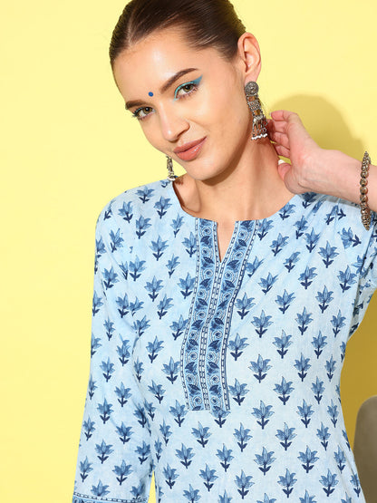 Women Blue Ethnic Printed Straight Kurta With Three Quarter Sleeves | LASVINI - Redefining Indian Fashion with Elegance
