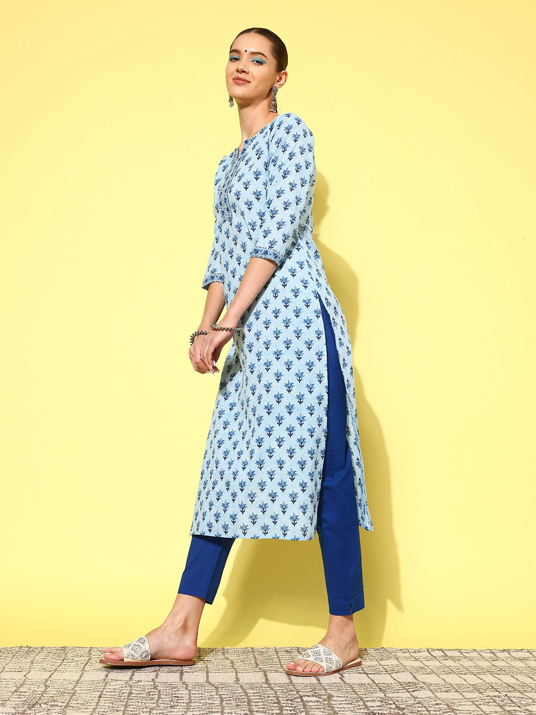 Women Blue Ethnic Printed Straight Kurta With Three Quarter Sleeves | LASVINI - Redefining Indian Fashion with Elegance