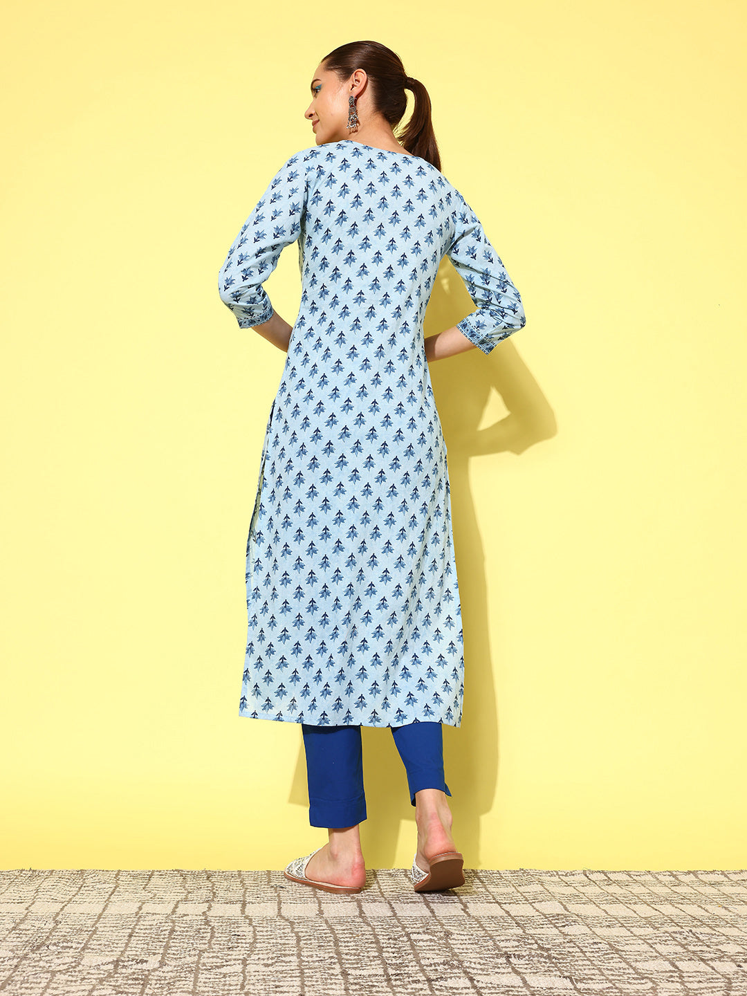 Women Blue Ethnic Printed Straight Kurta With Three Quarter Sleeves | LASVINI - Redefining Indian Fashion with Elegance