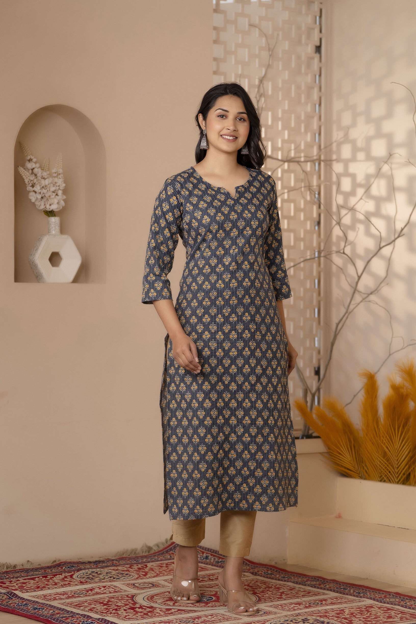 Women Black Printed Straight Kurta With Three Quarter Sleeves | LASVINI - Redefining Indian Fashion with Elegance