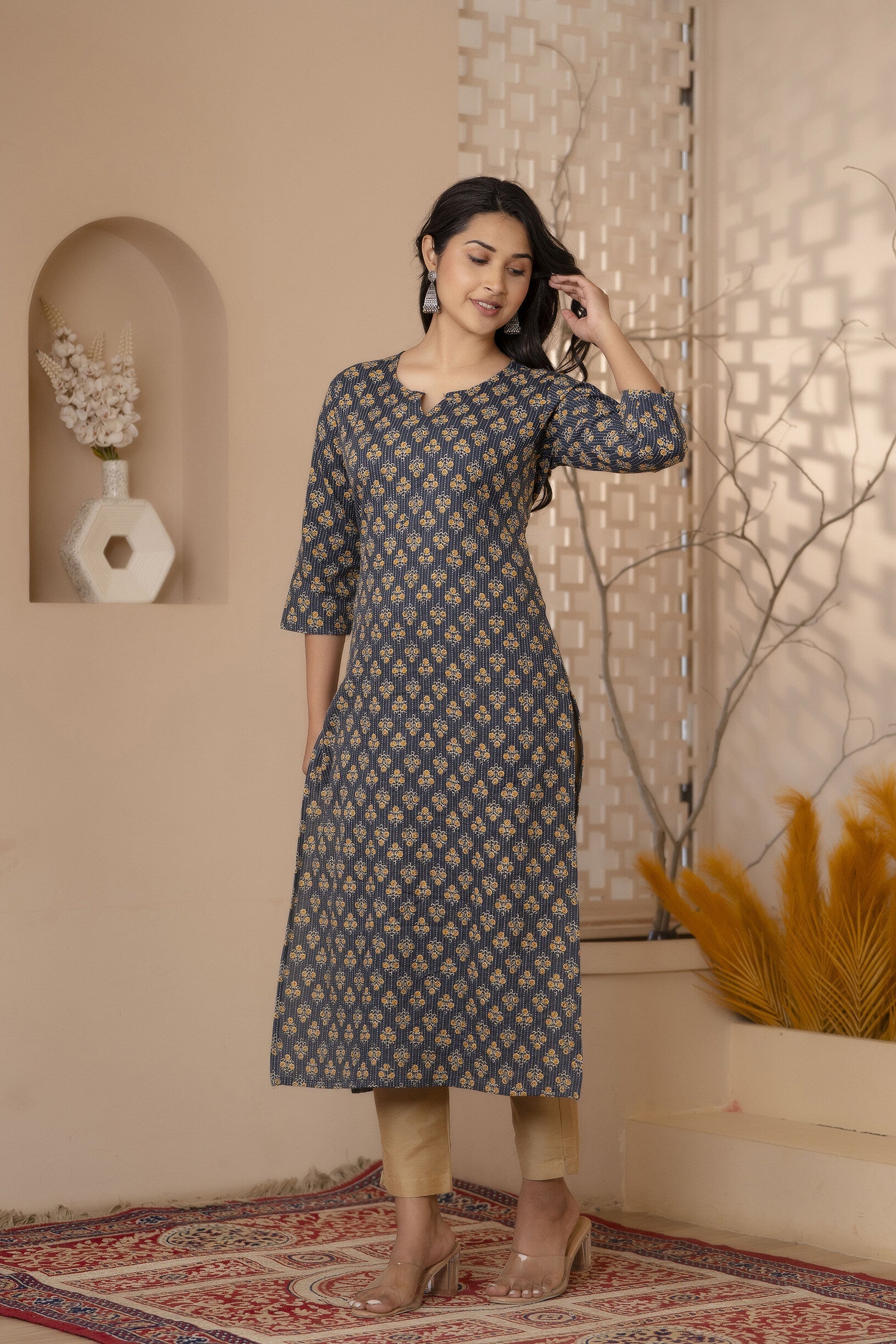 Women Black Printed Straight Kurta With Three Quarter Sleeves | LASVINI - Redefining Indian Fashion with Elegance