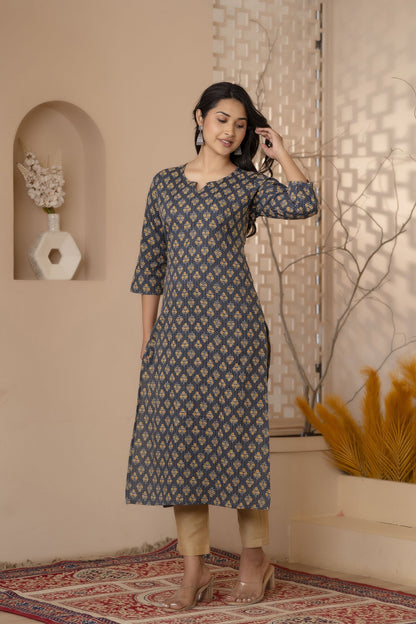 Women Black Printed Straight Kurta With Three Quarter Sleeves | LASVINI - Redefining Indian Fashion with Elegance