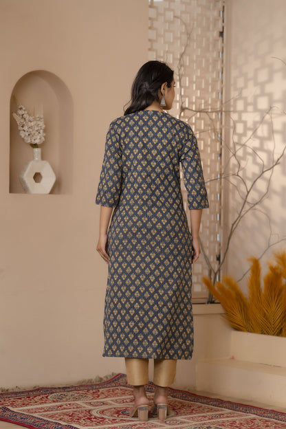 Women Black Printed Straight Kurta With Three Quarter Sleeves | LASVINI - Redefining Indian Fashion with Elegance