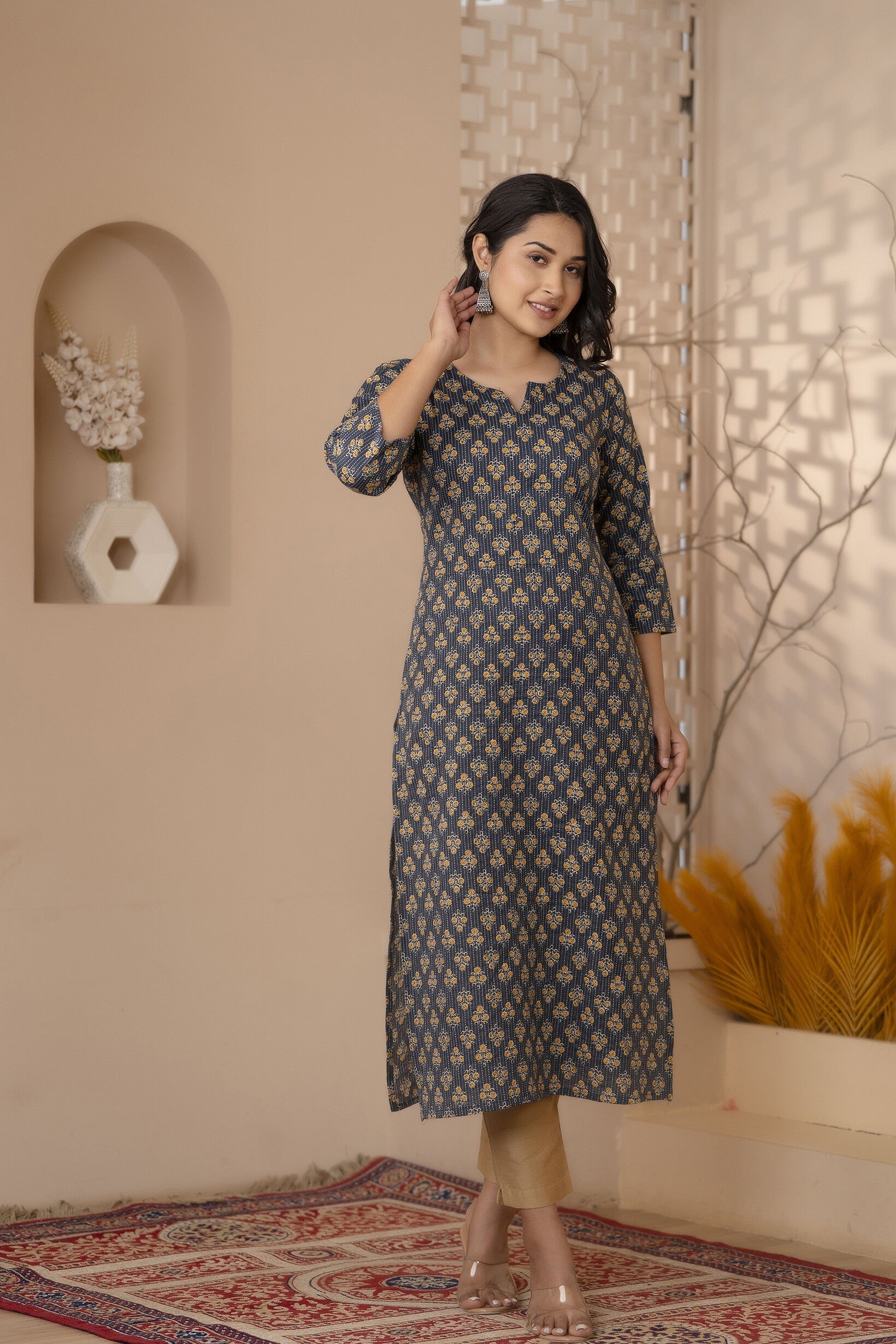 Women Black Printed Straight Kurta With Three Quarter Sleeves | LASVINI - Redefining Indian Fashion with Elegance
