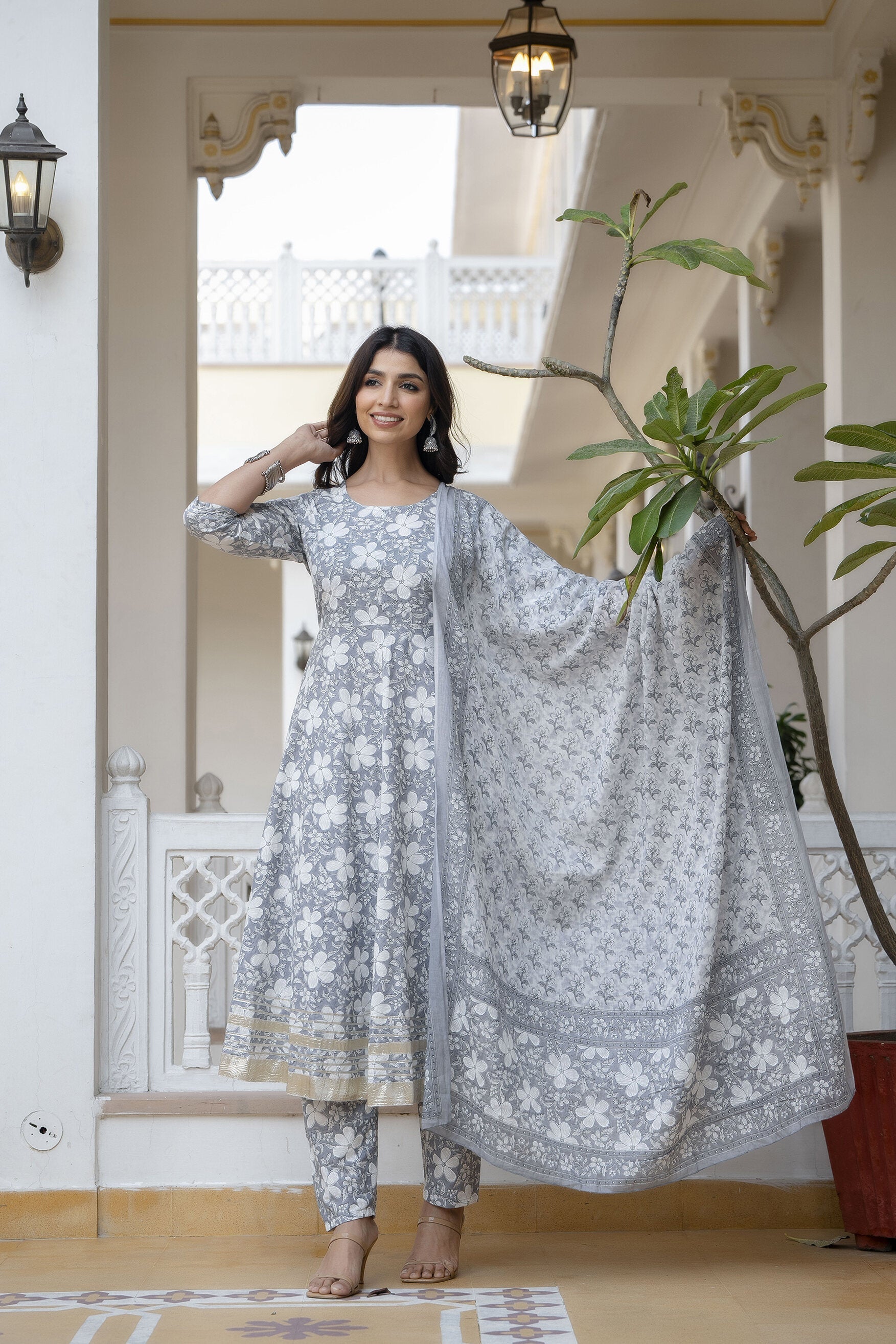 Women Grey Ethnic Printed Anarkali Kurta With Trouser And Dupatta | LASVINI - Redefining Indian Fashion with Elegance
