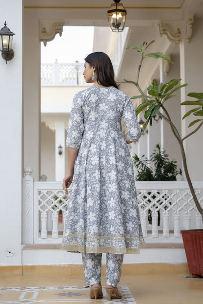 Women Grey Ethnic Printed Anarkali Kurta With Trouser And Dupatta | LASVINI - Redefining Indian Fashion with Elegance
