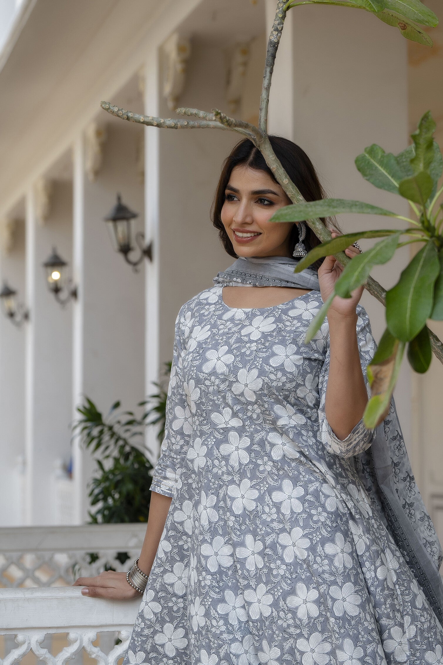 Women Grey Ethnic Printed Anarkali Kurta With Trouser And Dupatta | LASVINI - Redefining Indian Fashion with Elegance