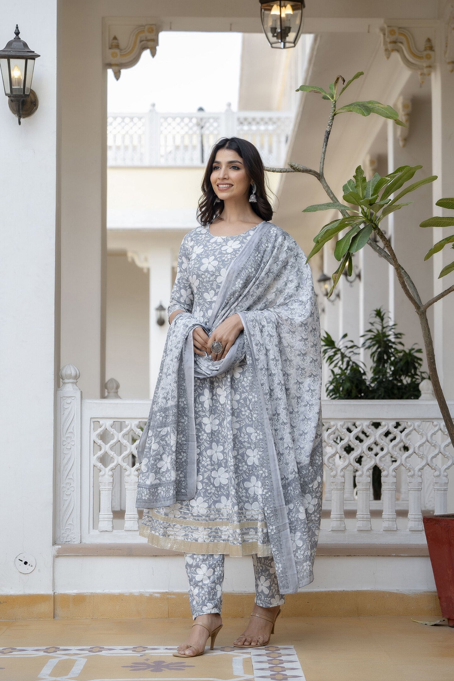 Women Grey Ethnic Printed Anarkali Kurta With Trouser And Dupatta | LASVINI - Redefining Indian Fashion with Elegance