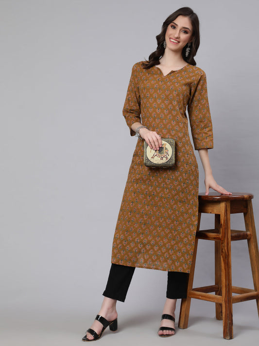 Women Yellow Printed Straight Kurta With Three Quarter Sleeves | LASVINI - Redefining Indian Fashion with Elegance