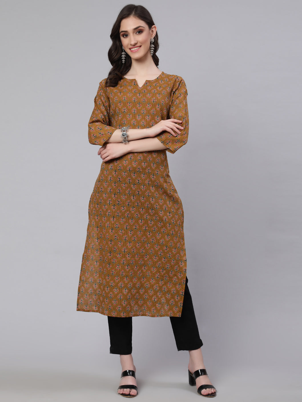 Women Yellow Printed Straight Kurta With Three Quarter Sleeves | LASVINI - Redefining Indian Fashion with Elegance