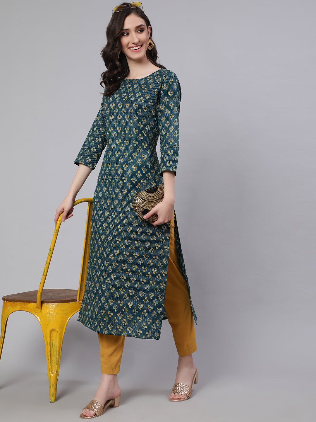Women Teal Blue Printed Straight Kurta With Three Quarter Sleeves | LASVINI - Redefining Indian Fashion with Elegance