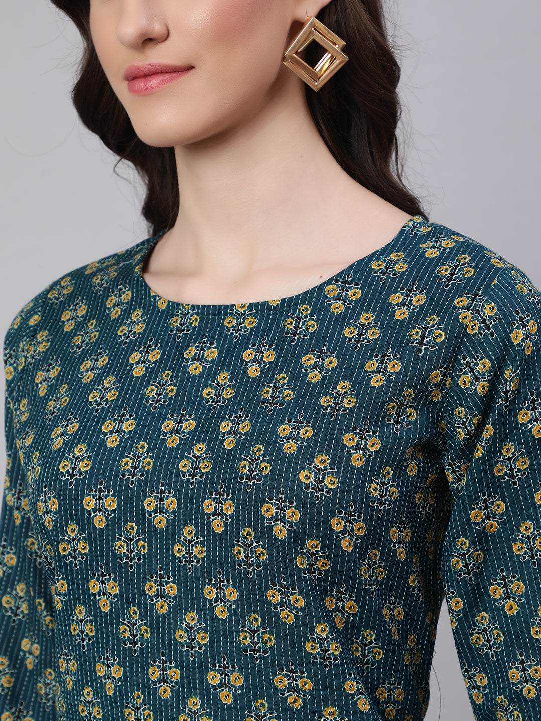 Women Teal Blue Printed Straight Kurta With Three Quarter Sleeves | LASVINI - Redefining Indian Fashion with Elegance