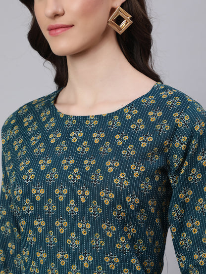 Women Teal Blue Printed Straight Kurta With Three Quarter Sleeves | LASVINI - Redefining Indian Fashion with Elegance