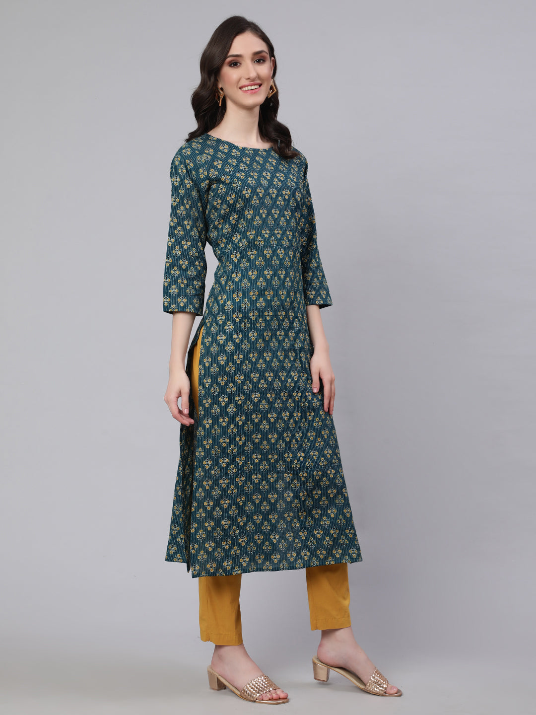 Women Teal Blue Printed Straight Kurta With Three Quarter Sleeves | LASVINI - Redefining Indian Fashion with Elegance
