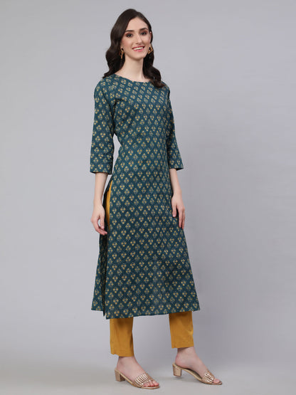 Women Teal Blue Printed Straight Kurta With Three Quarter Sleeves | LASVINI - Redefining Indian Fashion with Elegance