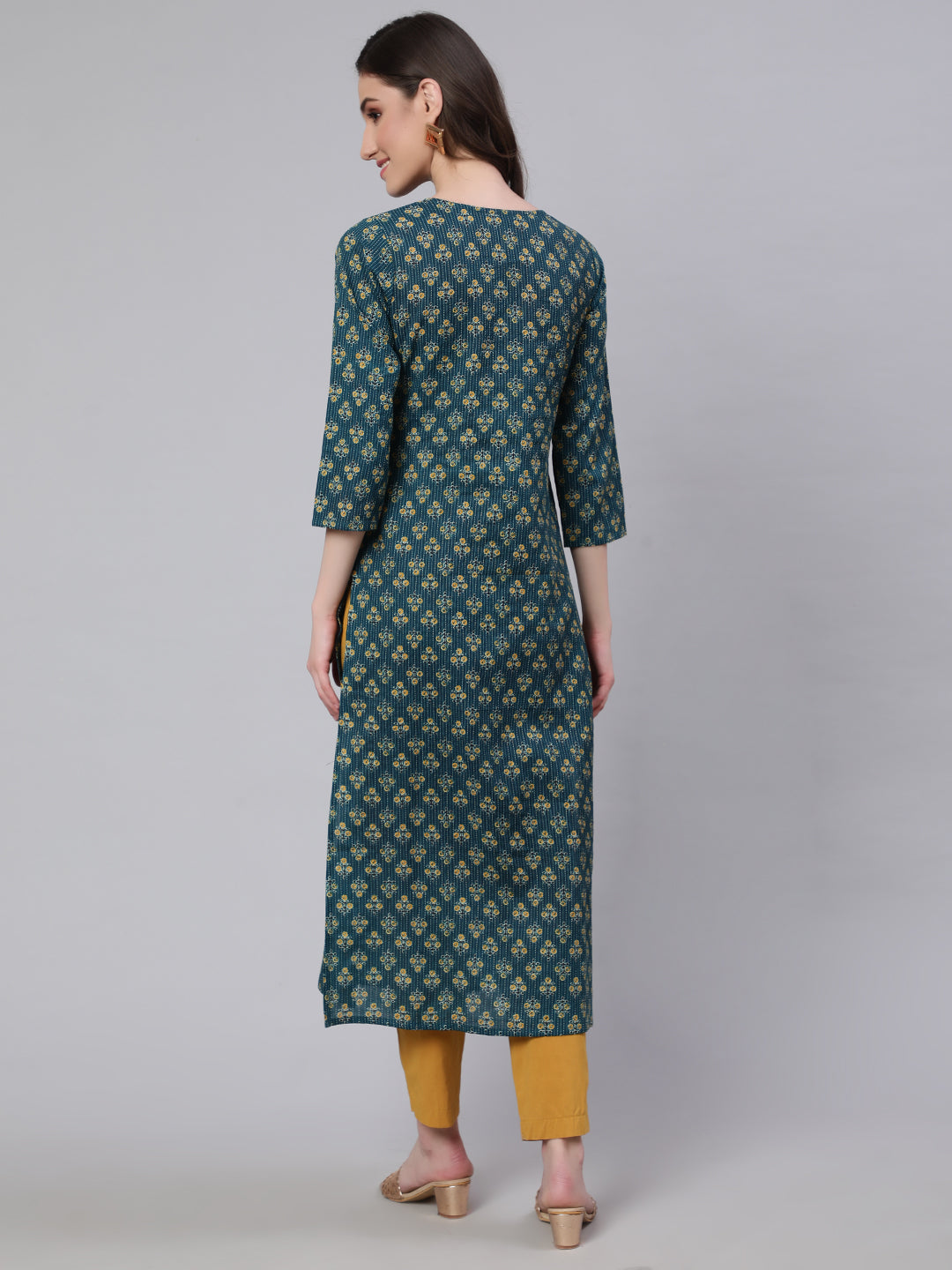 Women Teal Blue Printed Straight Kurta With Three Quarter Sleeves | LASVINI - Redefining Indian Fashion with Elegance