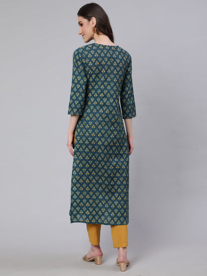 Women Teal Blue Printed Straight Kurta With Three Quarter Sleeves | LASVINI - Redefining Indian Fashion with Elegance